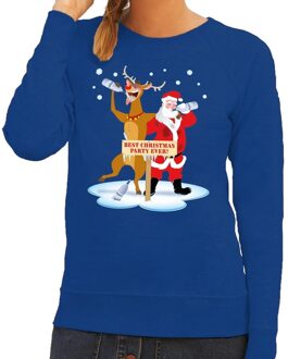 Bellatio Decorations Foute kersttrui blauw met een dronken kerstman en Rudolf voor dames 2XL (44) - kerst truien