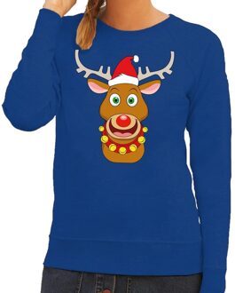 Bellatio Decorations Foute kersttrui blauw met Ruldolf het rendier met rode muts voor dames 2XL (44) - kerst truien