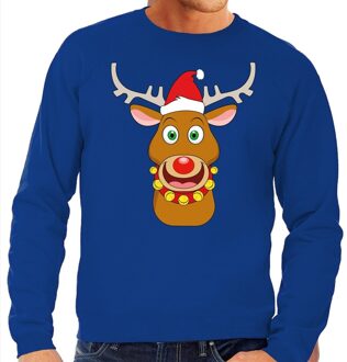 Bellatio Decorations Foute kersttrui blauw met Ruldolf het rendier met rode muts voor heren 2XL (56) - kerst truien