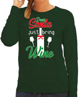 Bellatio Decorations Foute Kersttrui - Dear Santa just bring wine - groen - dames - Kerstkleding - Drank - Sweater