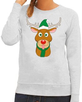 Bellatio Decorations Foute kersttrui grijs met Ruldolf het rendier met groene muts voor dames 2XL (44) - kerst truien