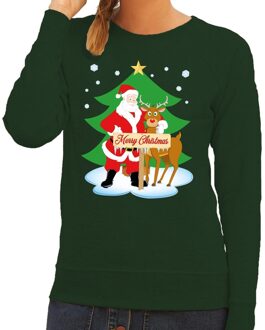 Bellatio Decorations Foute kersttrui groen met de kerstman en Rudolf voor dames 2XL (44) - kerst truien