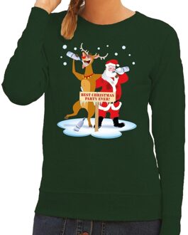 Bellatio Decorations Foute kersttrui groen met een dronken kerstman en Rudolf voor dames 2XL (44) - kerst truien