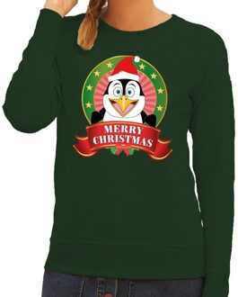 Bellatio Decorations Foute kersttrui groen met pinguin voor dames 2XL (44) - kerst truien