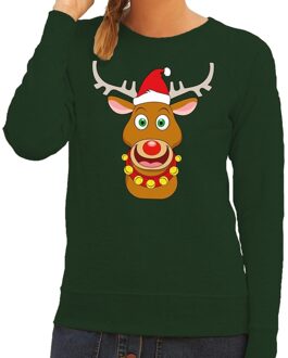 Bellatio Decorations Foute kersttrui groen met Ruldolf het rendier met rode muts voor dames 2XL (44) - kerst truien