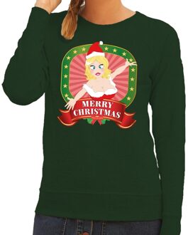 Bellatio Decorations Foute kersttrui groen met sexy kerstvrouw voor dames 2XL (44) - kerst truien