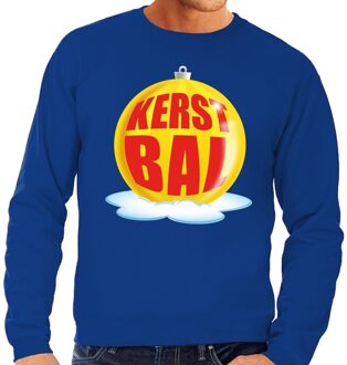 Bellatio Decorations Foute kersttrui kerstbal geel op blauwe sweater voor heren
