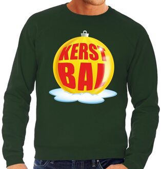 Bellatio Decorations Foute kersttrui kerstbal geel op groene sweater voor heren