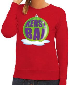 Bellatio Decorations Foute kersttrui kerstbal groen op rode sweater voor dames Rood