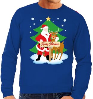 Bellatio Decorations Foute kersttrui - kerstman en rendier Rudolf - blauw - voor heren - kerst sweater