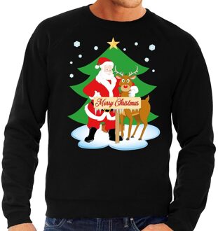 Bellatio Decorations Foute kersttrui - kerstman en rendier Rudolf - zwart - voor heren - kerst sweater