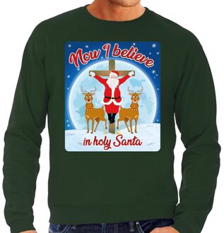 Bellatio Decorations Foute Kersttrui Now i believe in holy Santa groen voor heren