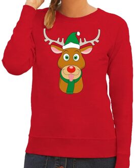 Bellatio Decorations Foute kersttrui rood met Ruldolf het rendier met groene muts voor dames 2XL (44) - kerst truien