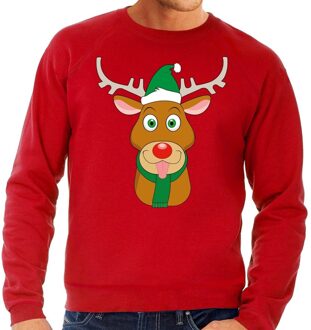 Bellatio Decorations Foute kersttrui rood met Ruldolf het rendier met groene muts voor heren 2XL (56) - kerst truien