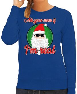 Bellatio Decorations Foute Kersttrui / sweater - Ask your mom I am real - blauw voor dames - kerstkleding / kerst outfit 2XL (44)