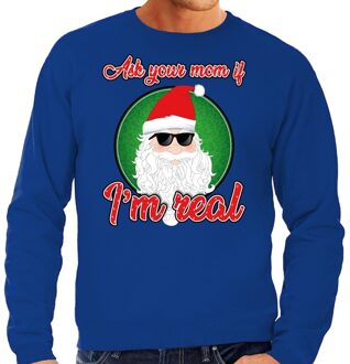 Bellatio Decorations Foute Kersttrui / sweater - ask your mom i am real - blauw voor heren - kerstkleding / kerst outfit S (48)