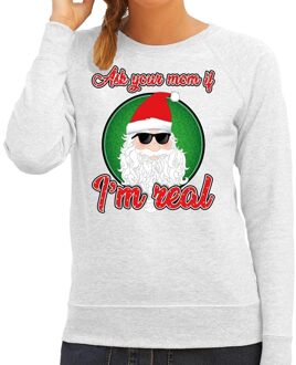 Bellatio Decorations Foute Kersttrui / sweater - Ask your mom I am real - grijs voor dames - kerstkleding / kerst outfit XL (42)