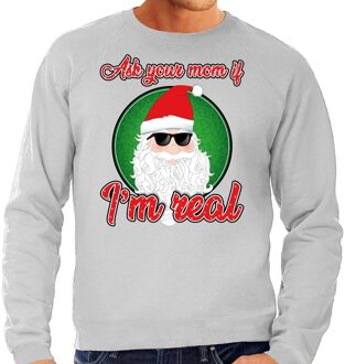 Bellatio Decorations Foute Kersttrui / sweater - ask your mom i am real - grijs voor heren - kerstkleding / kerst outfit S (48)