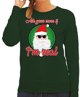 Bellatio Decorations Foute Kersttrui / sweater - Ask your mom I am real - groen voor dames - kerstkleding / kerst outfit XS (34)