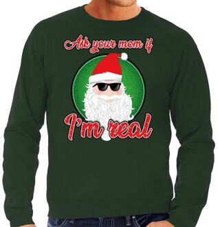 Bellatio Decorations Foute Kersttrui / sweater - ask your mom i am real - groen voor heren - kerstkleding / kerst outfit S (48)
