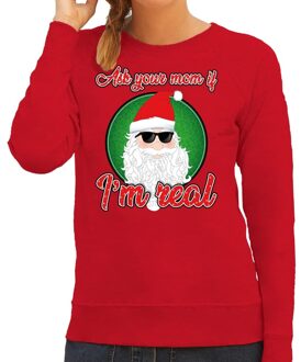 Bellatio Decorations Foute Kersttrui / sweater - Ask your mom I am real - rood voor dames - kerstkleding / kerst outfit S (36)