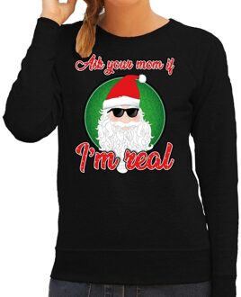 Bellatio Decorations Foute Kersttrui / sweater - Ask your mom I am real - zwart voor dames - kerstkleding / kerst outfit XL (42)