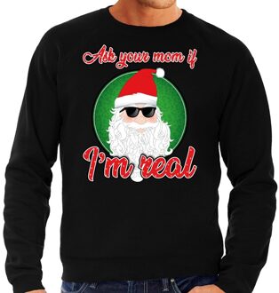 Bellatio Decorations Foute Kersttrui / sweater - ask your mom i am real - zwart voor heren - kerstkleding / kerst outfit XL (54)