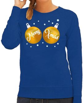 Bellatio Decorations Foute kersttrui / sweater blauw met gouden Merry Xmas borsten voor dames - kerstkleding / christmas outfit 2XL (44)