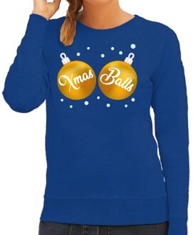 Bellatio Decorations Foute kersttrui / sweater blauw met gouden Xmas Balls borsten voor dames - kerstkleding / christmas outfit 2XL (44)