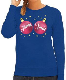 Bellatio Decorations Foute kersttrui / sweater blauw met roze Merry Xmas borsten voor dames - kerstkleding / christmas outfit 2XL (44)