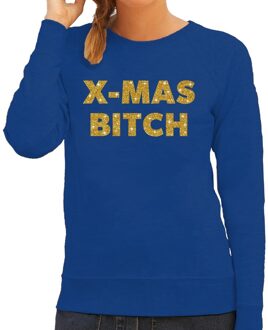 Bellatio Decorations Foute Kersttrui / sweater - Christmas Bitch - goud / glitter - blauw - dames - kerstkleding / kerst outfit 2XL (44)