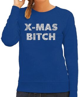 Bellatio Decorations Foute Kersttrui / sweater - Christmas Bitch - zilver / glitter - blauw - dames - kerstkleding / kerst outfit 2XL (44)