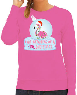 Bellatio Decorations Foute kersttrui/sweater dames - flamingo in kerstbal - roze - pink Christmas 2XL