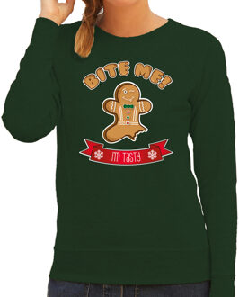 Bellatio Decorations foute kersttrui/sweater dames - Gingerbread koekemannetje - groen - Bite Me 2XL - kerst truien