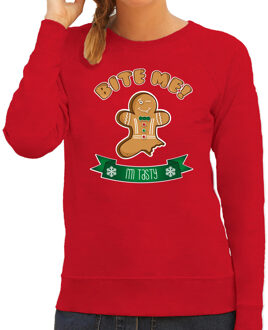 Bellatio Decorations foute kersttrui/sweater dames - Gingerbread koekemannetje - rood - Bite Me 2XL - kerst truien