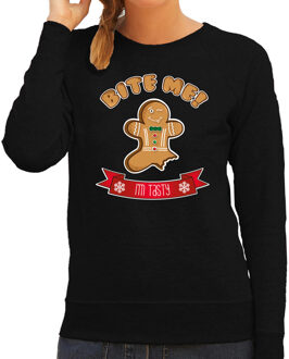 Bellatio Decorations foute kersttrui/sweater dames - Gingerbread koekemannetje - zwart - Bite Me 2XL - kerst truien