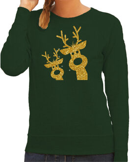 Bellatio Decorations Foute Kersttrui / sweater - dames - gouden rendieren - groen - glitter goud