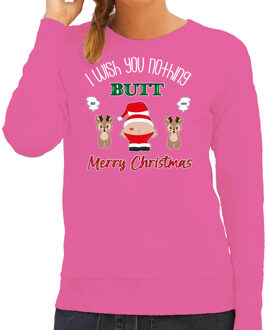 Bellatio Decorations foute Kersttrui/sweater dames - I Wish You Nothing Butt Merry Christmas - roze 2XL