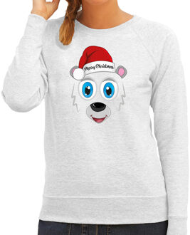 Bellatio Decorations foute kersttrui/sweater dames - IJsbeer gezicht - lichtgrijs - Merry Christmas 2XL - kerst truien