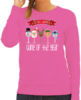 Bellatio Decorations foute kersttrui - sweater - dames - Kerst wijn glazen - roze - drank en wine L
