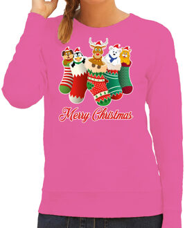 Bellatio Decorations Foute kersttrui/sweater dames - kerstsokken - roze - kerstdieren - rudolf 2XL