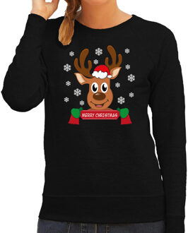 Bellatio Decorations foute kersttrui/sweater dames - Rendier - zwart - Merry Christmas L - kerst truien