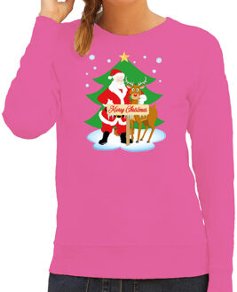 Bellatio Decorations Foute kersttrui - sweater - De kerstman en rendier Rudolf - roze - voor dames S