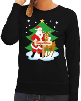 Bellatio Decorations Foute kersttrui - sweater - De kerstman en rendier Rudolf - zwart - voor dames