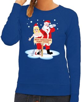 Bellatio Decorations Foute kersttrui - sweater - dronken kerstman en kerstvrouw - na kerstborrel - blauw - dames