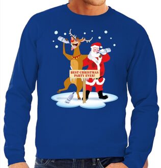 Bellatio Decorations Foute kersttrui - sweater - dronken kerstman - en rendier Rudolf - na kerstborrel - blauw - heren