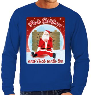 Bellatio Decorations Foute Kersttrui / sweater - Fuck Christmas and fuck santa too - blauw voor heren - kerstkleding / kerst outfit 2XL (56)