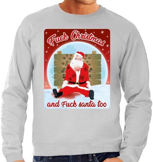 Bellatio Decorations Foute Kersttrui / sweater - Fuck Christmas and fuck santa too - grijs voor heren - kerstkleding / kerst outfit 2XL (56)