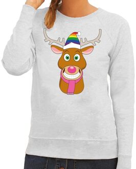 Bellatio Decorations Foute kersttrui / sweater Gay Ruldolf met regenboog muts en roze sjaal grijs voor dames - Kersttruien 2XL (44)