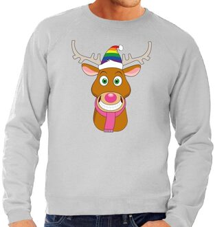 Bellatio Decorations Foute kersttrui / sweater Gay Ruldolf met regenboog muts en roze sjaal grijs voor heren - Kersttruien 2XL (56)